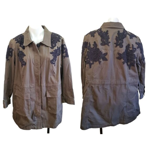 Halogen Floral Laced Embroidered Military Utility Cargo Jacket 2X Olive Green - Picture 1 of 13